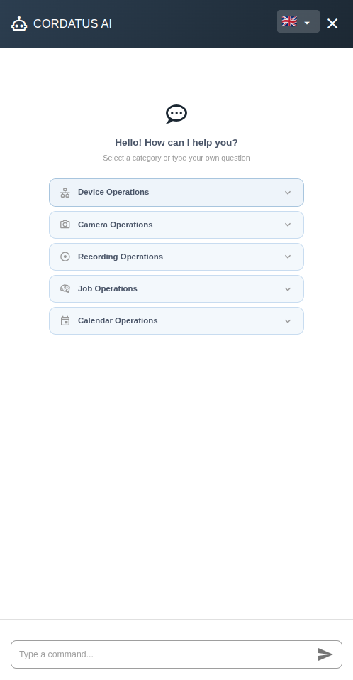 AI Assistant panel open in the Cordatus dashboard, showing a sample conversation